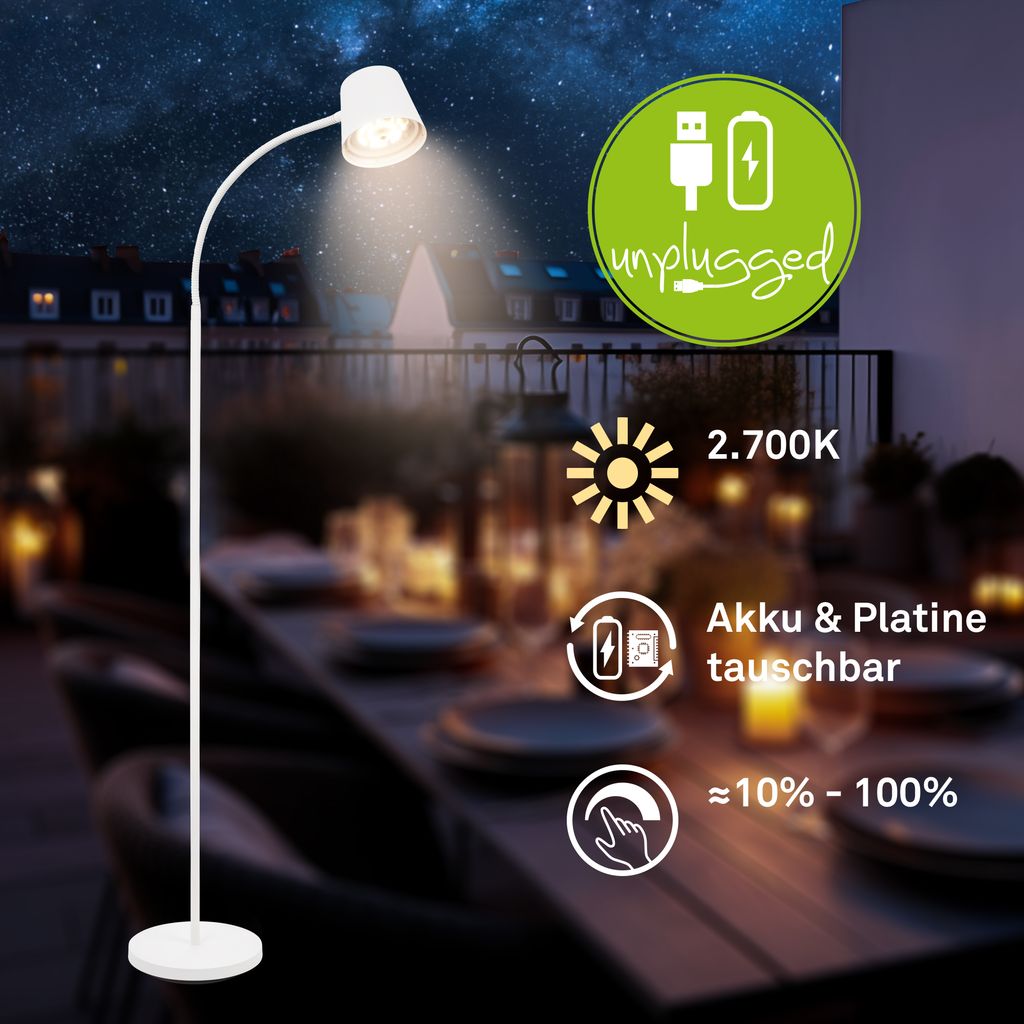 Briloner Cielo LED floor lamp cordless, dimmable, touch, white