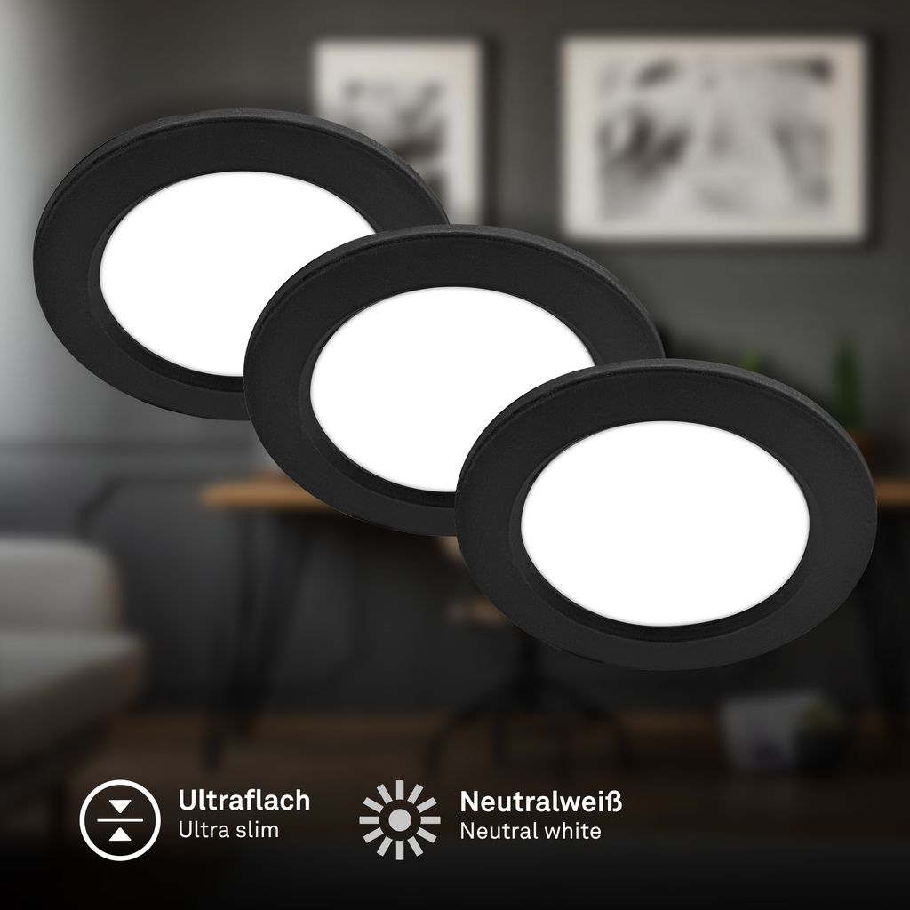 Jeft Einbauspots 110mm 3er Set - 230V, 6W, 660lm, LED, Neutralweiß, Schwarz