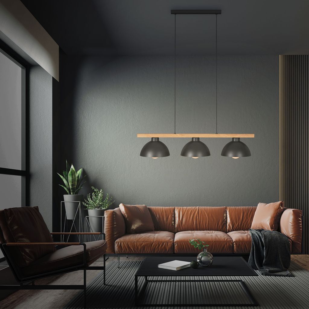 Pendelleuchte Hängelampe Retro Schirm Vintage 3xE27 Metall-Holz schwarz Briloner 5