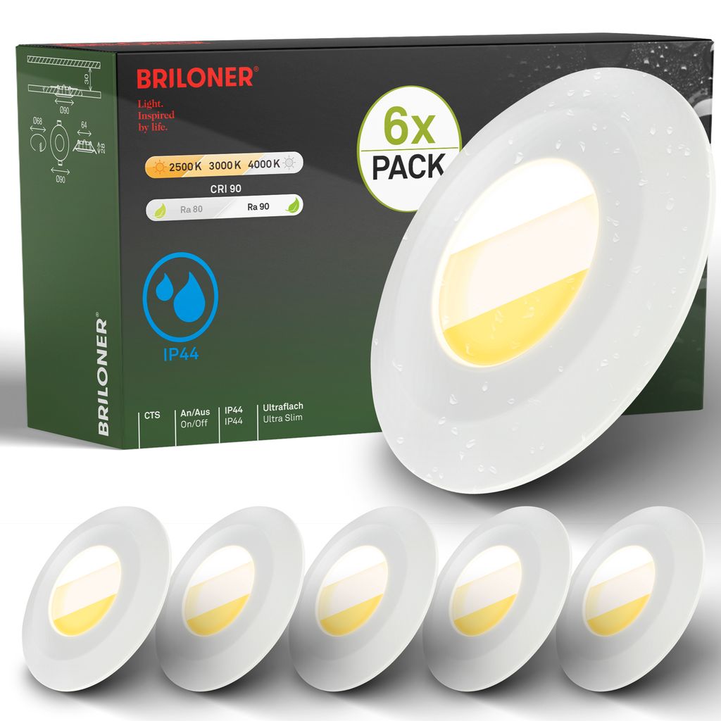 Briloner Klira Set de 6 spots LED encastrables 230V pour salle de bain, interrupteur CTS, IP44, blanc