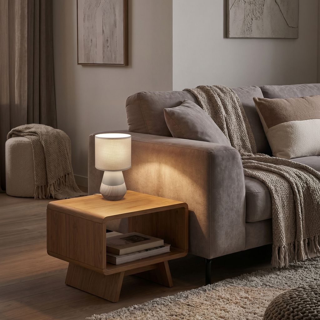 Linda Tischlampe - mit Schalter, Keramik, E14 Fassung, Grau-Holzoptik