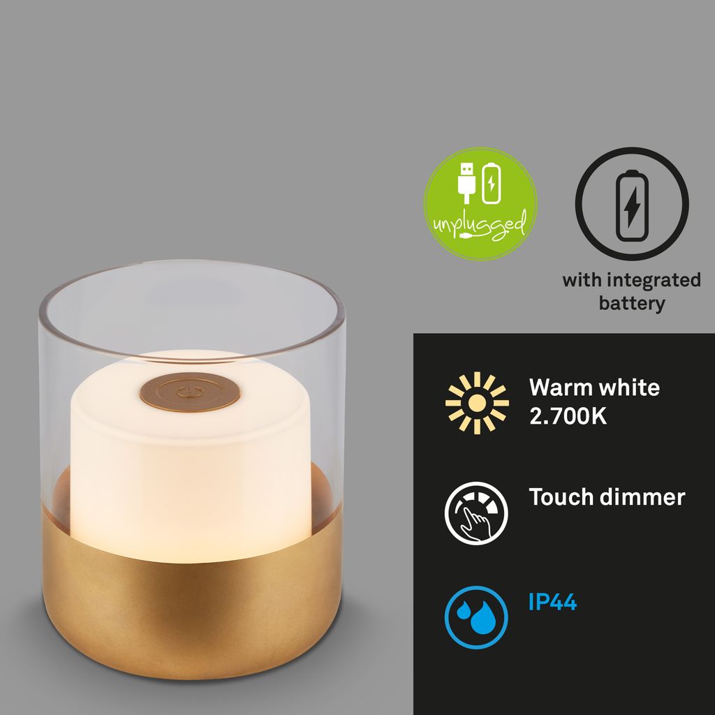 LED Akku-Tischleuchte, 10 cm, 2W, 150lm, goldfarben