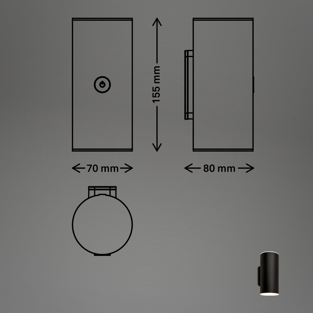 Lima LED Wandleuchte Aussen, Akku, Touchdimmer 3 stufig, Timer, Schwarz