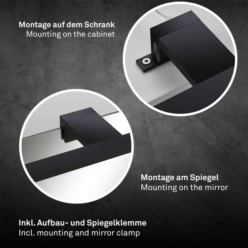 Dun Spiegelleuchte - 10W, 1000lm, LED, 2 in 1 Montage, 50 cm, Warmweiß, Schwarz