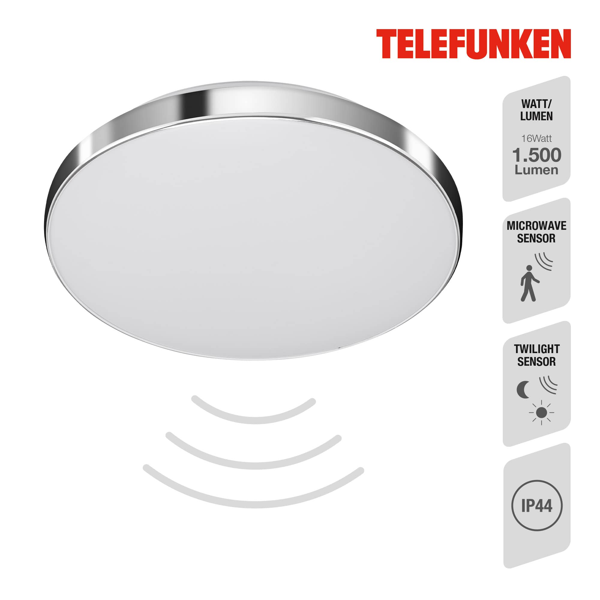 TELEFUNKEN Sensor LED Deckenleuchte, Ø 29 cm, 16 W, Weiß-Chrom