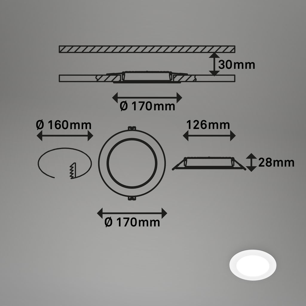LED Einbaustrahler  Ø 170 mm, flach, 12W, 230V, Neutralweiß, Weiß