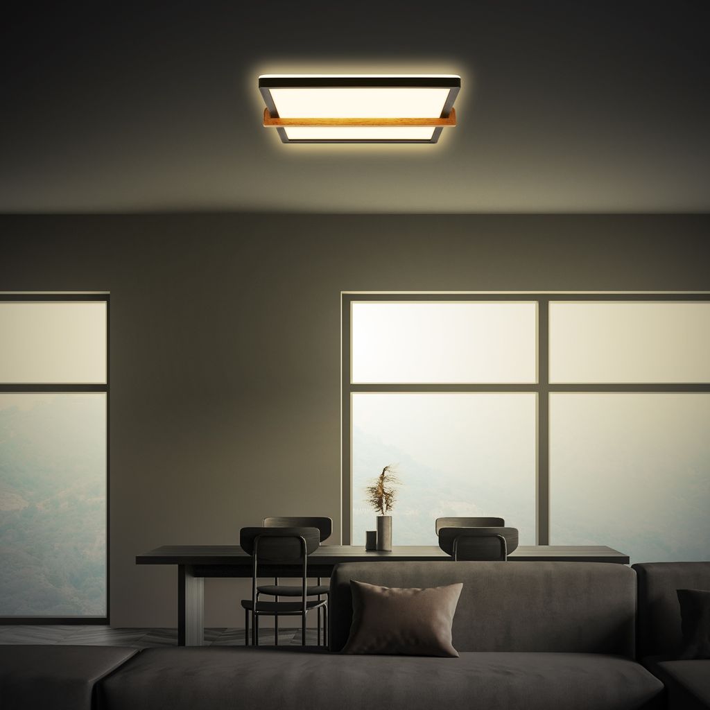 Briloner Remsa LED Plafonnier, décor bois, rétro-éclairage, bois noir
