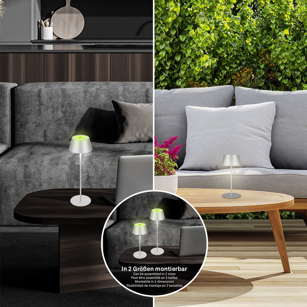 LED Akku-Tischleuchte Tischlampe höhenverstellbar IP44 silber RGB innen außen 7