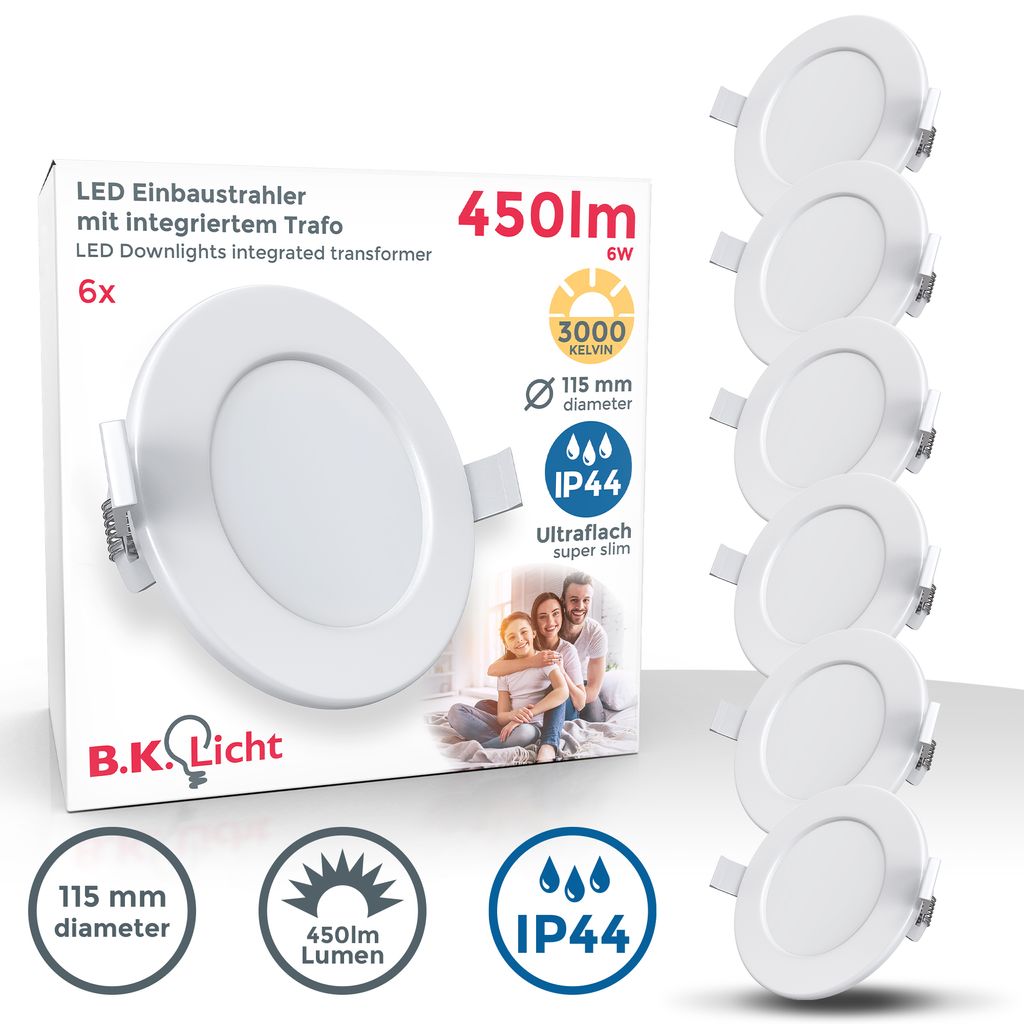 B.K.Licht Set of 6 Bathroom recessed LED spotlights, Ultra-Thin, Ceiling Cut-Out Ø100mm/3.94in, Built-in 6W LED modules, 450Lm, Warm White Light 3000K, IP44 Ceiling Spots, no Transformer Required 230V