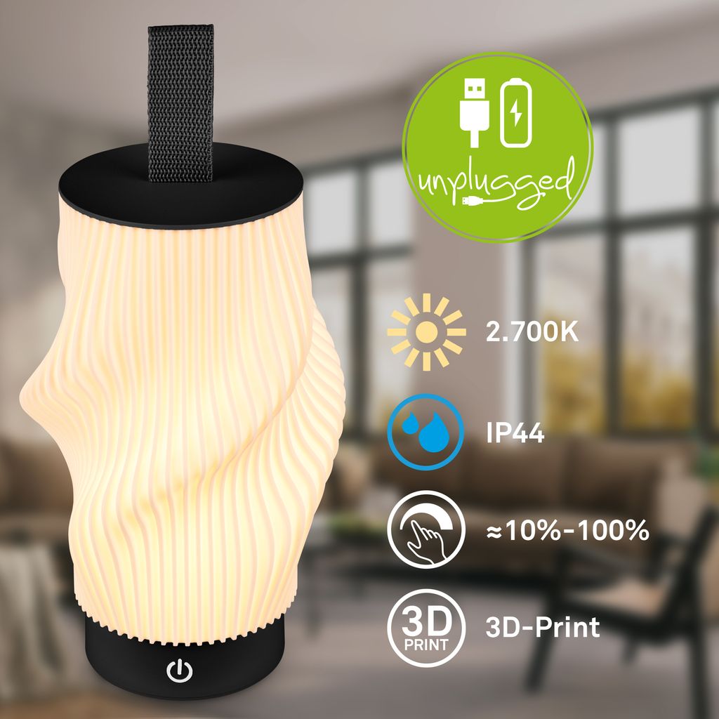 Tubi Tischleuchte - 2W, 150lm, Akku, LED, Touch, Dimmbar, 3D-Druck, Schwarz