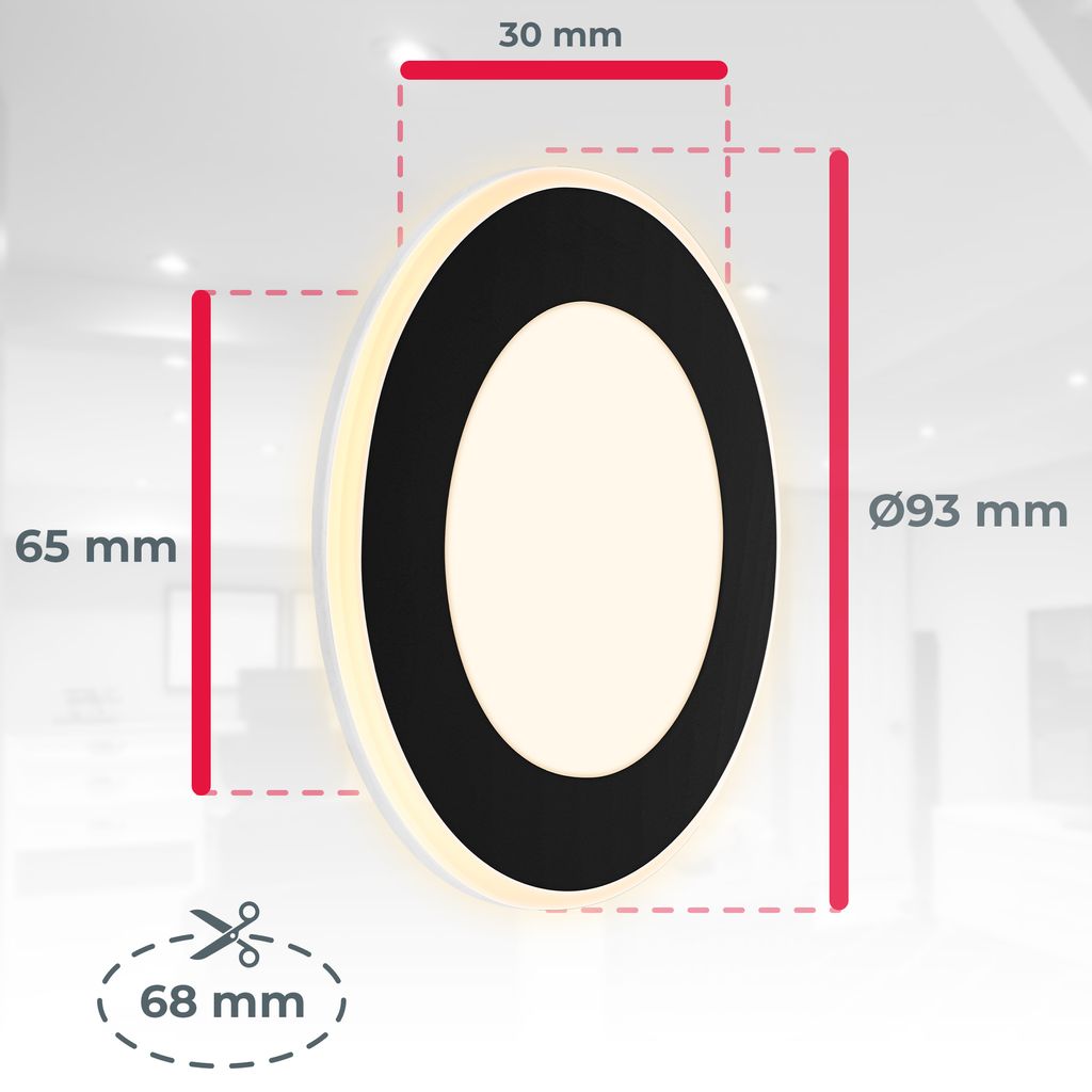 B.K.Licht - Set of 6 LED recessed spotlights 230V with night light function, surfaces and rings separately switchable, memory function, LED spot, flat, ceiling spots, recessed lights, 68mm, 93x30mm, black
