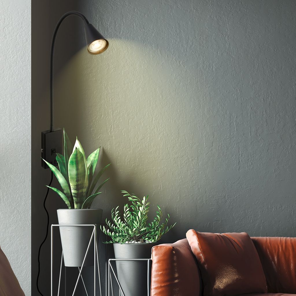 Briloner Justra leeslamp, draaibaar, 2 USB poorten, zwart