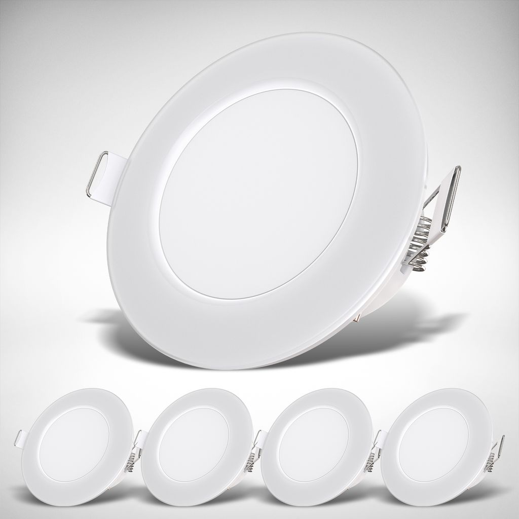 5er Set LED Bad Einbaustrahler - flach, 230V, 5x 3W, IP65, neutralweiß, 86 mm, weiß