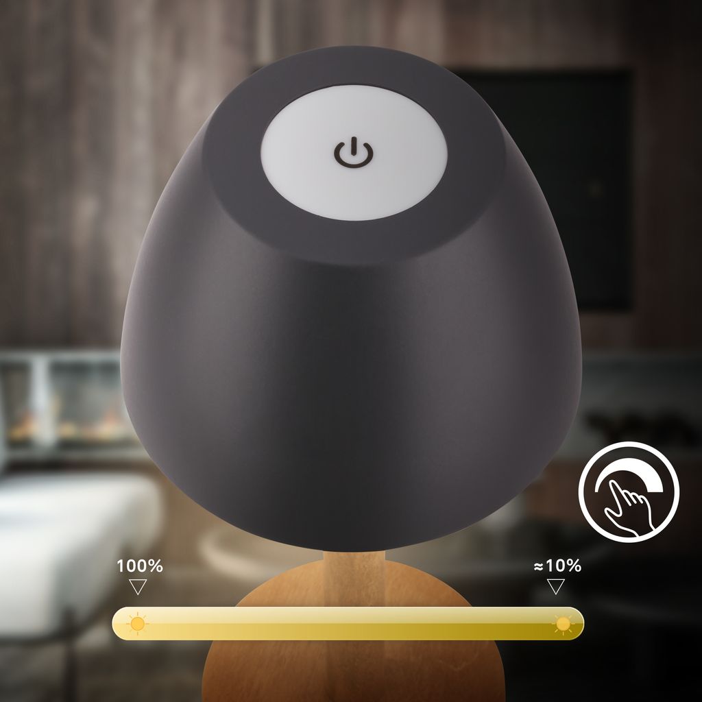 Serina Wood Rechargeable Table Lamp - 2.5W, 200lm, Cordless, LED, Touch, Dimmable, Anthracite-Wood