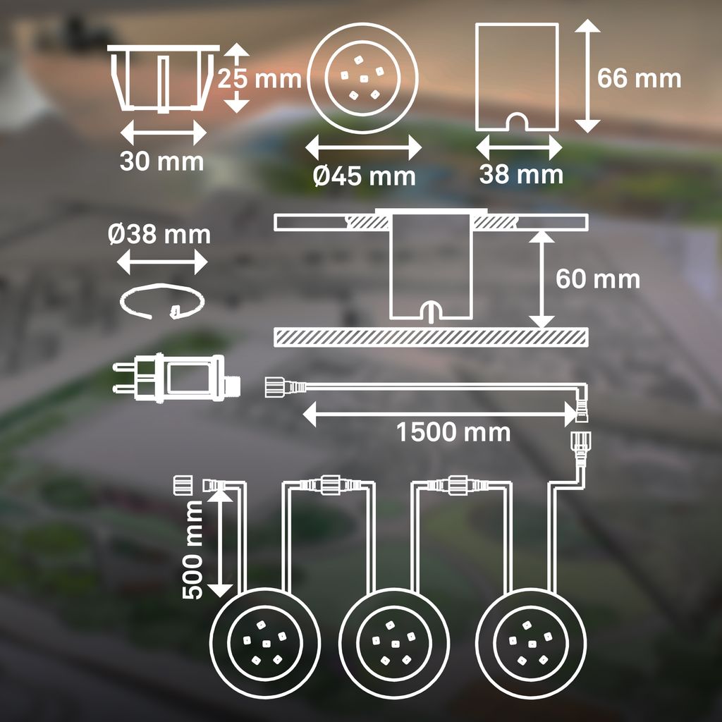 Starter-SET 12V Gartenbeleuchtung Trafo, 3x LED Boden-Einbaustrahler, IP67, Silber