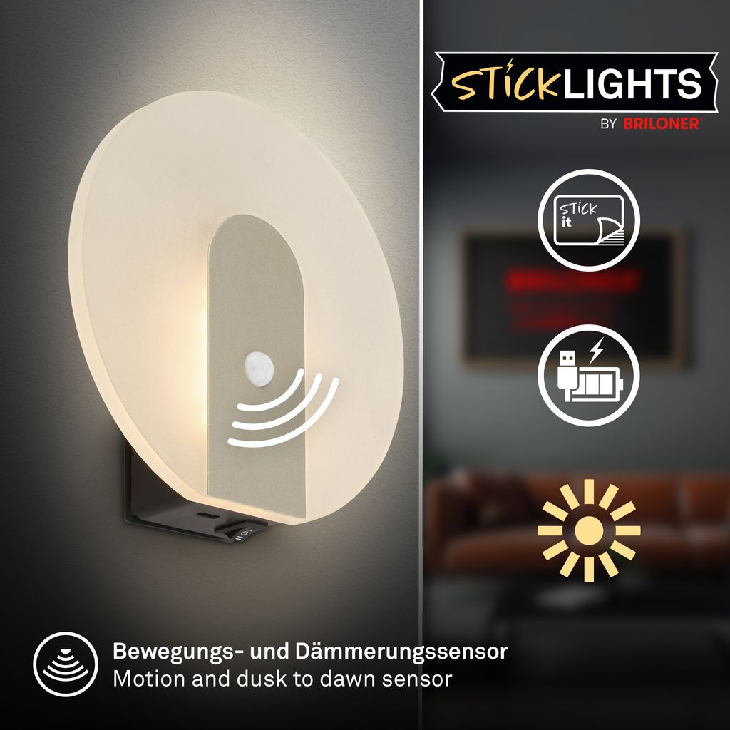 Taro Wandleuchte - 2,5W, 100lm, ohne Stromanschluss, LED, mit Bewegungsmelder, Nickel-Matt