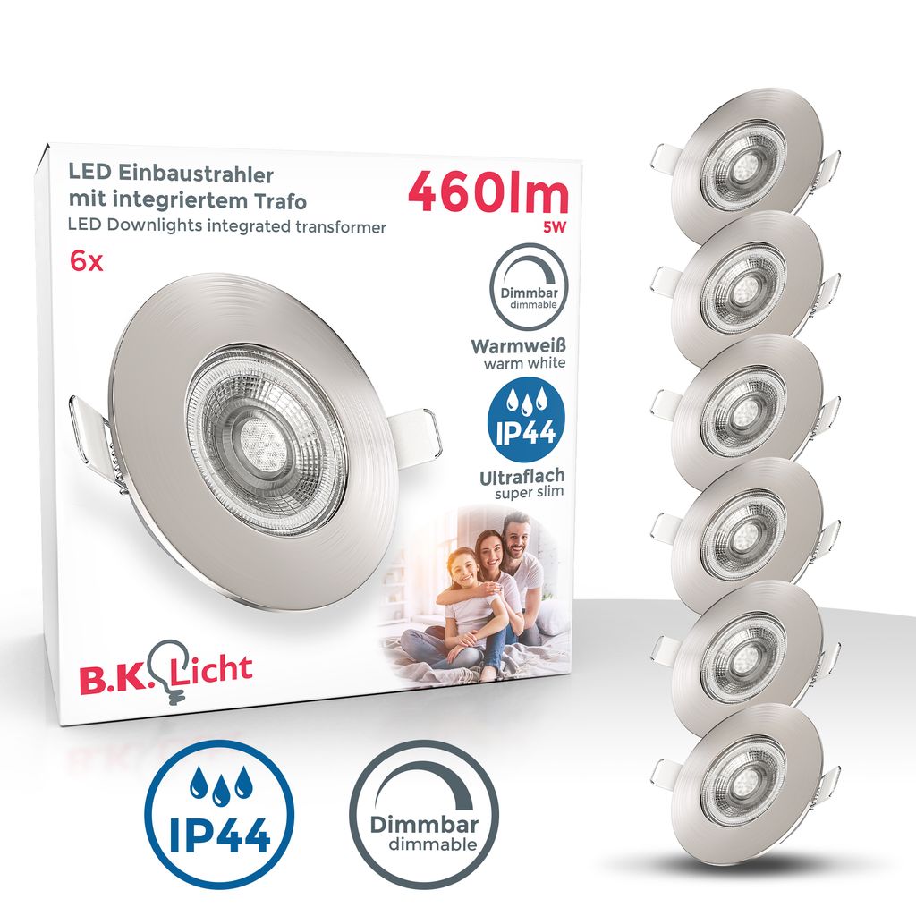 Einbaustrahler 68mm 6er Set - 230V, 4,9W, 480lm, LED, dimmbar, IP44, warmweiß, matt-nickel