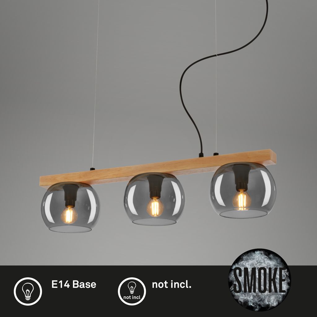 Briloner Leuchten KYRO Pendelleuchte 3x E14 Dimmbar Metall-Glas-Holz Holzfarben-Smoke 2