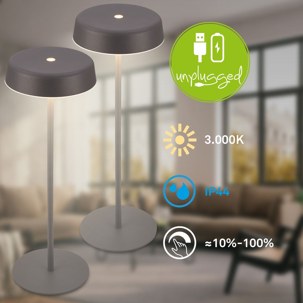 Pala Tischlampe 2er Set - 2,6W, 280lm, Kabellos, LED, Touch, Dimmbar, Anthrazit