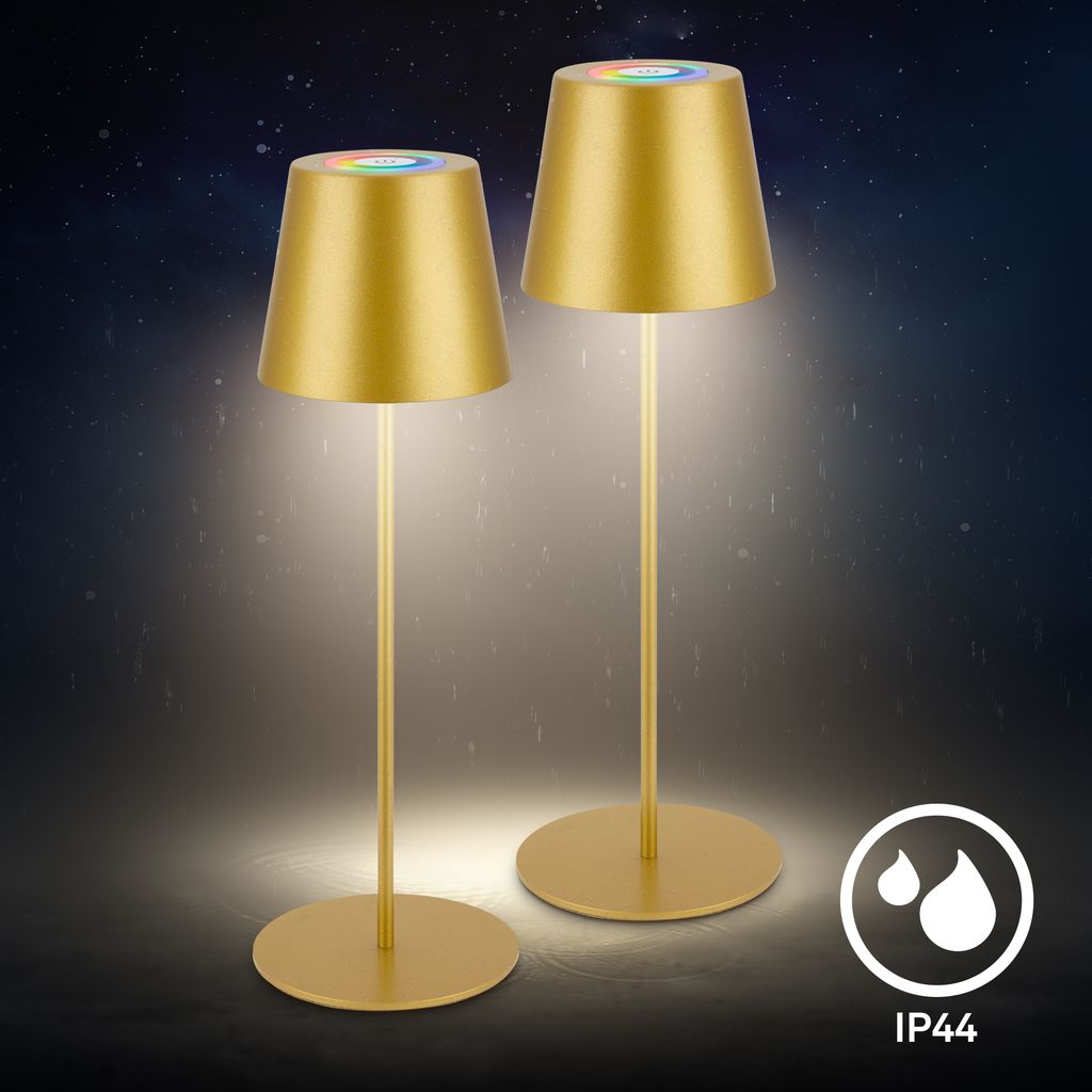 Briloner Calida 3 in 1 RGBW LED Tischlampe kabellos IP44, Dimmbar, Touch, Gold