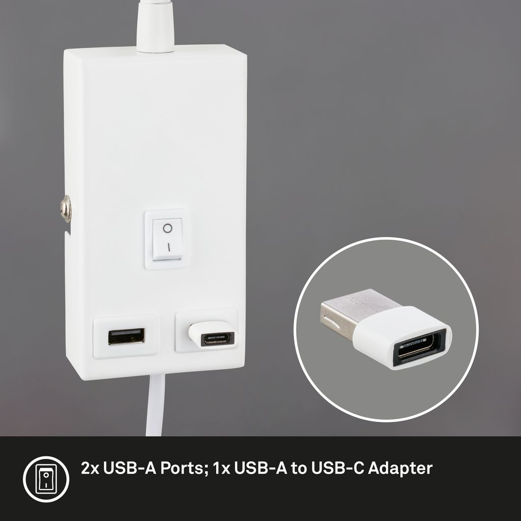 Briloner Justra leeslamp, draaibaar, 2 USB poorten, wit