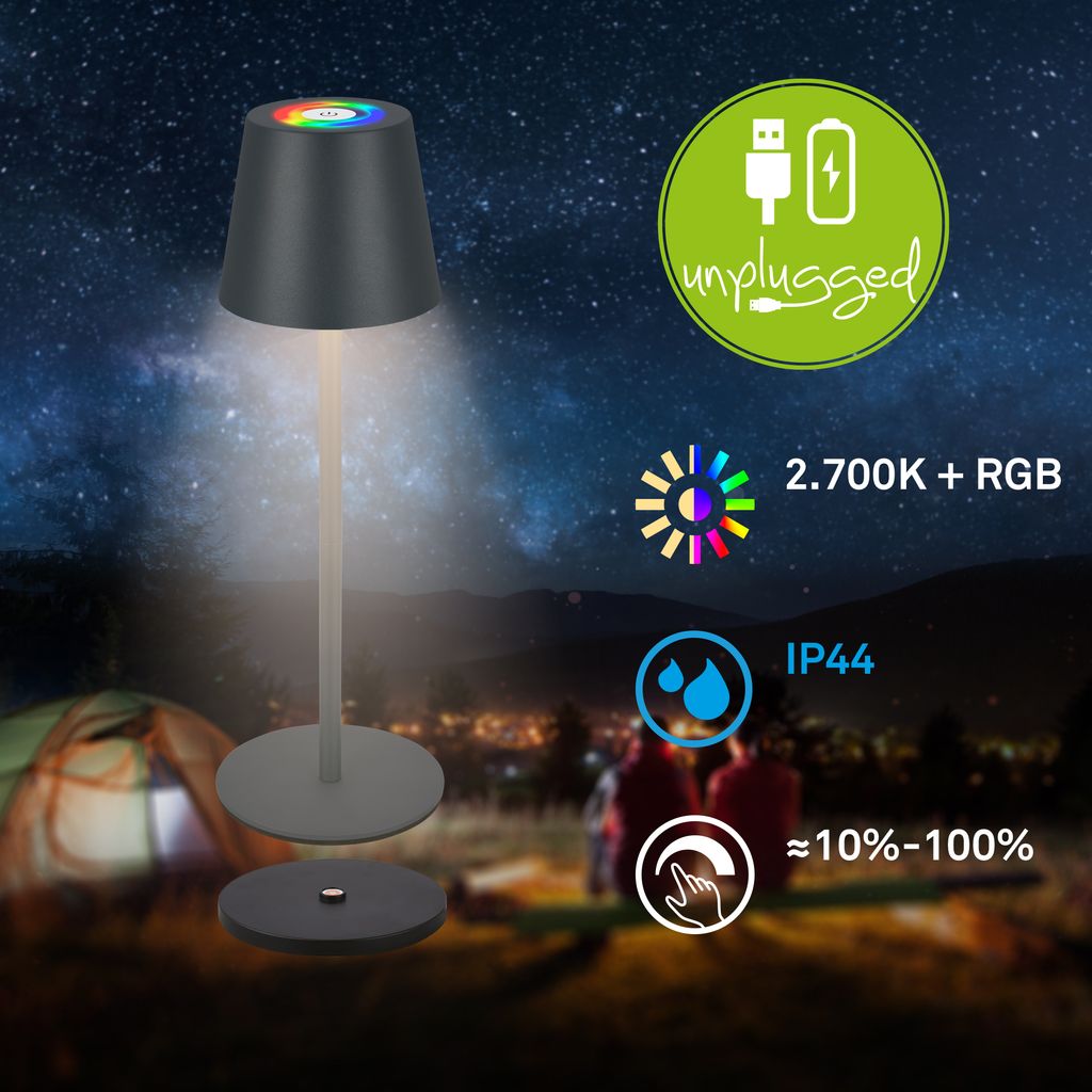 Briloner Cilano RGBW LED Tischlampe kabellos IP44. Dimmbar. Touch. Kabellos. Spritzwasserschutz. Anthrazit. Ø12 x 36 cm 1