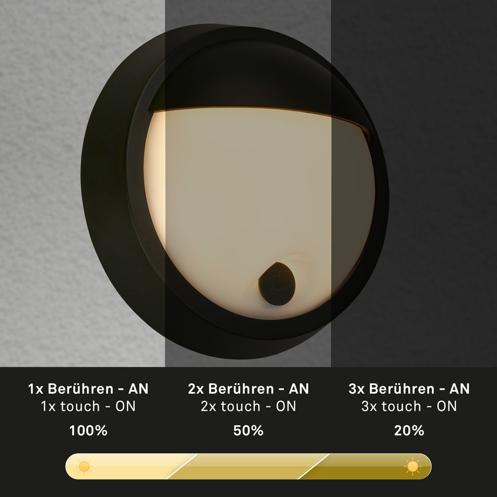 Puni LED Wandleuchte Aussen, Akku, Touchdimmer 3 stufig, Timer, Schwarz
