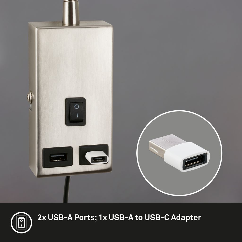 Briloner Justra leeslamp, draaibaar, 2 USB poorten, mat nikkel