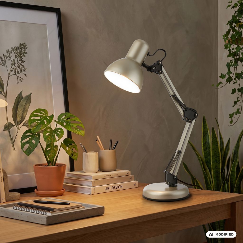 Pixa Schreibtischlampe - mit Schalter, Schwenkbar, E14 Fassung, Satin-Metallic