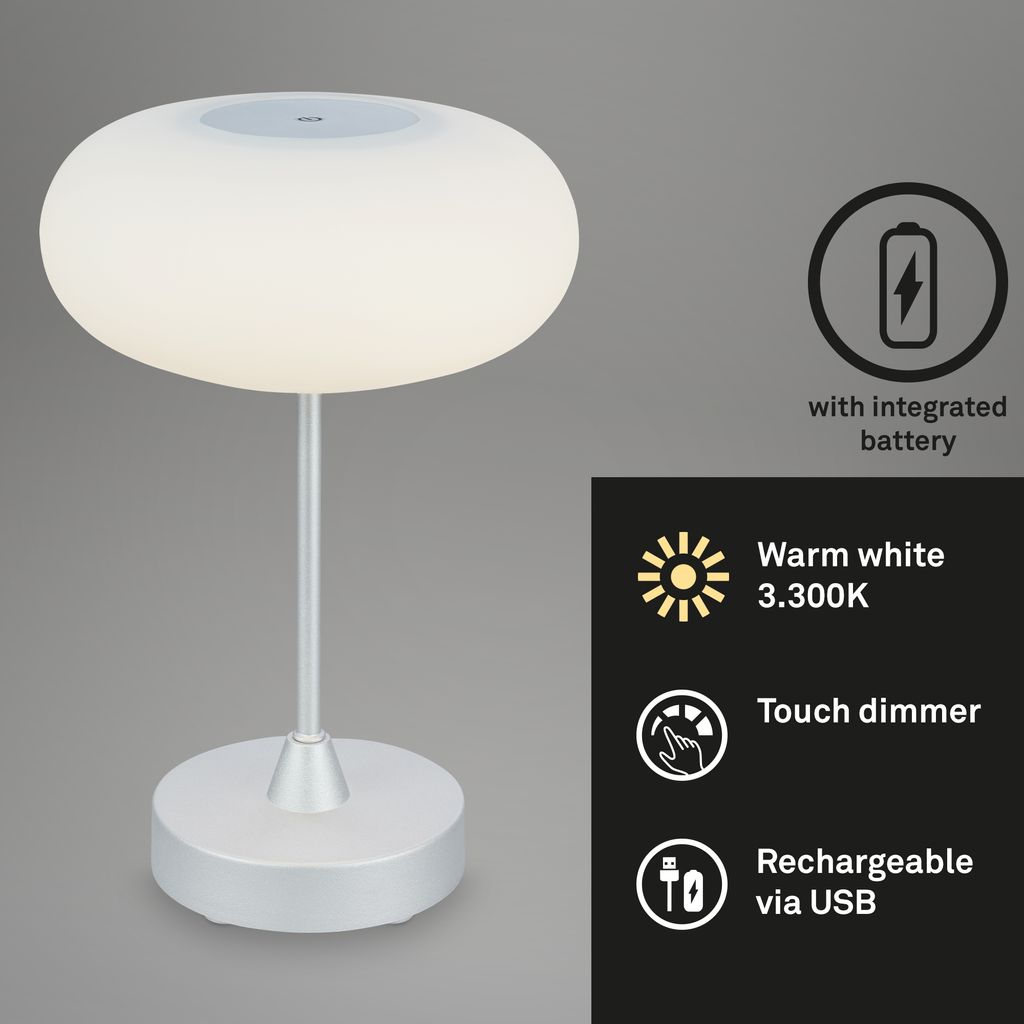 Briloner Leuchten - LED Tischlampe Akku. Dimmbar. Glas LED Tischleuchte Kabellos. Touchfunktion. 3.300K Warmweiß. Chrom-Matt. 150x160 mm (HxD) 2