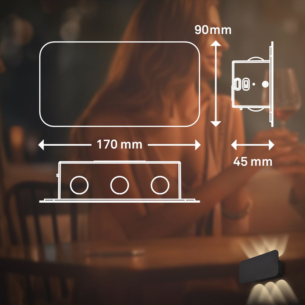 LED Akku-Wandleuchte 17x9 cm ? kabellos, dimmbar, Up-& Downlight, Touch, Schwarz