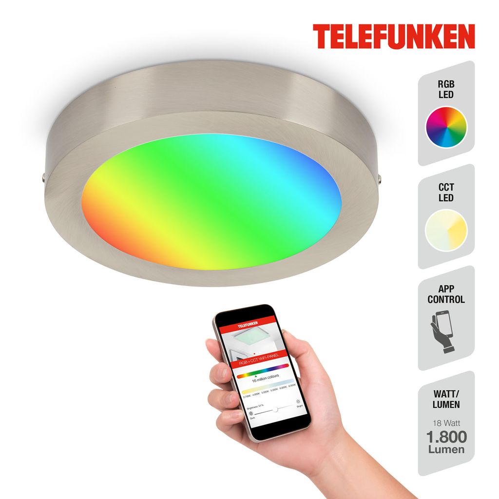 LED Aufbauleuchte Smart WiFi dimmbar CCT Bluetooth 18W silber Metall Telefunken 3