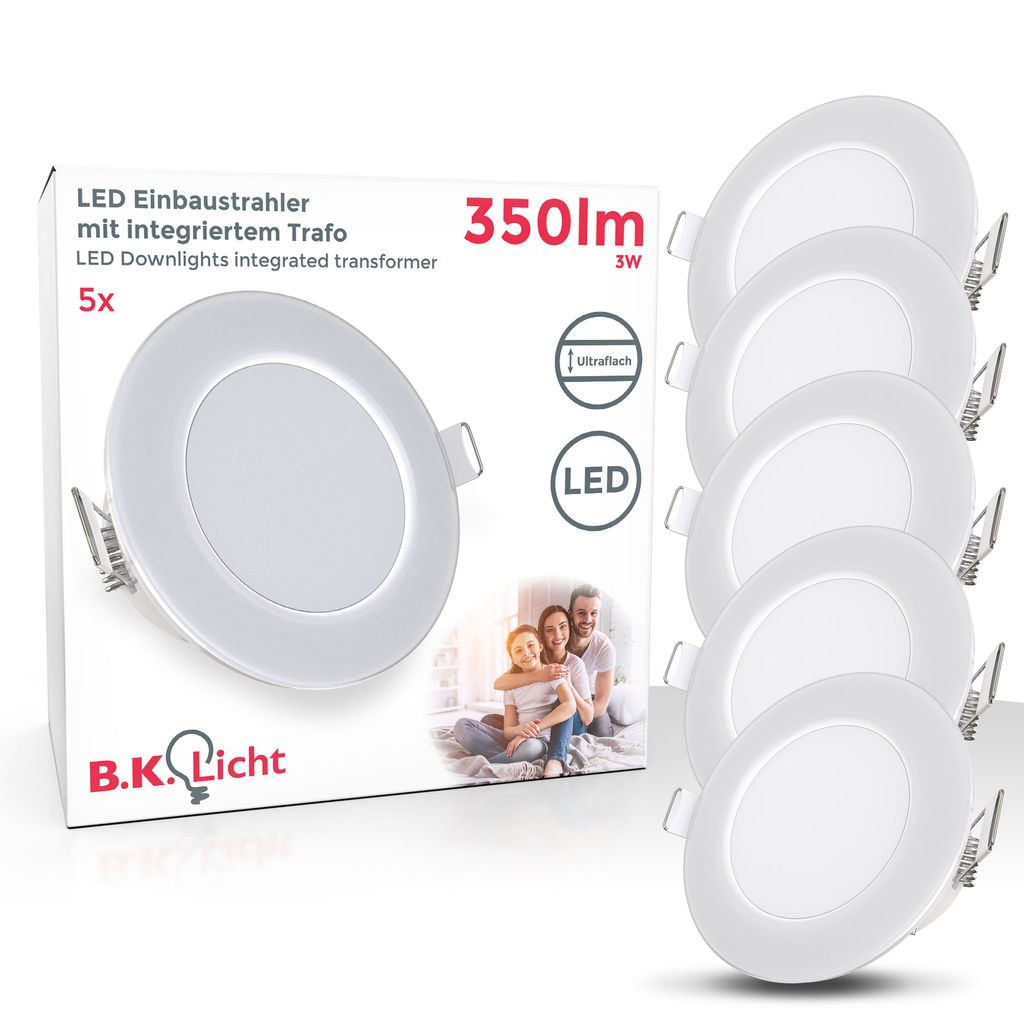 5er Set LED Bad Einbaustrahler - flach, 230V, 5x 3W, IP65, neutralweiß, 86 mm, weiß