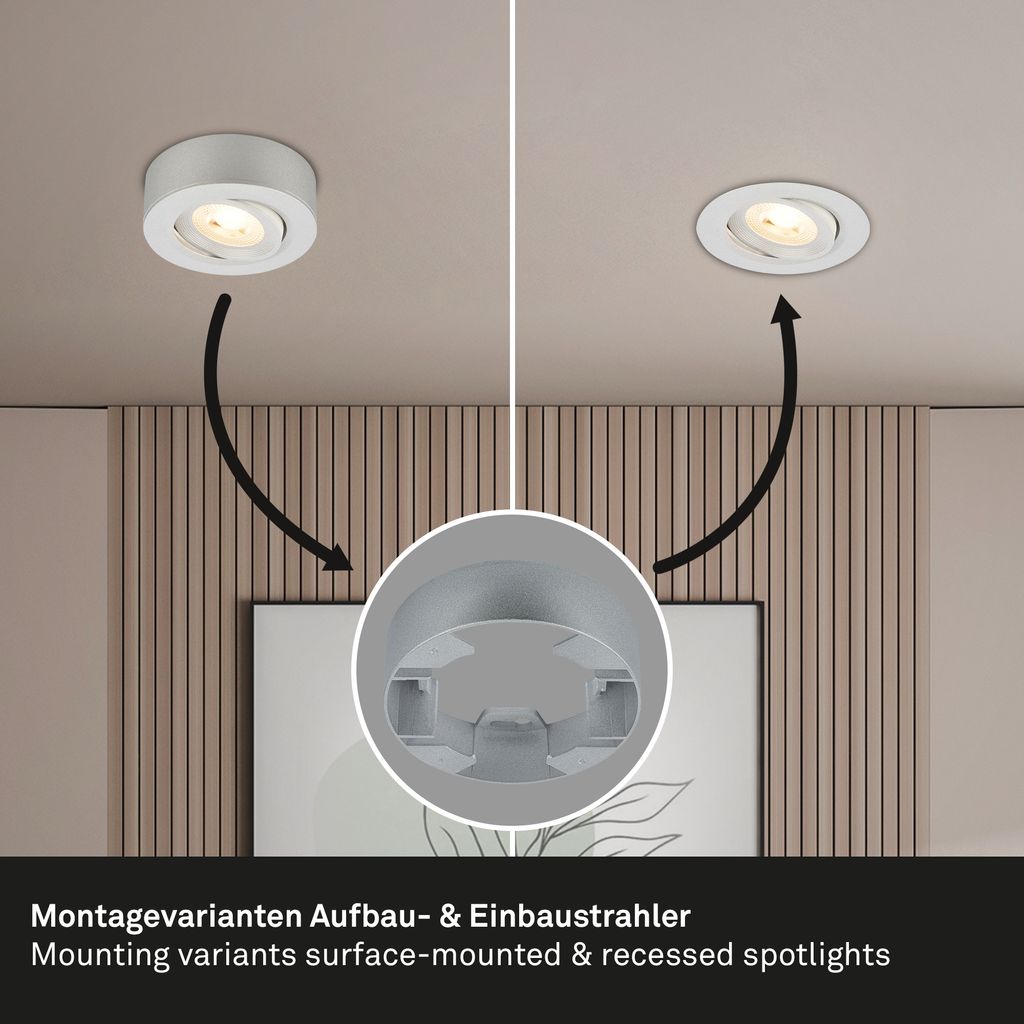 LED Einbaustrahler & Aufbauspot ? Ø90 mm, 5W, 230V, Warmweiß, schwenkbar, Chrom-Matt