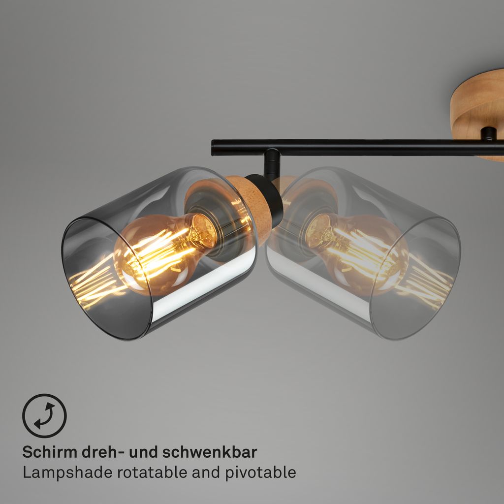 Briloner Hema Deckenstrahler, Rauchglas, schwenkbar, 3-flammig, Holzbasis