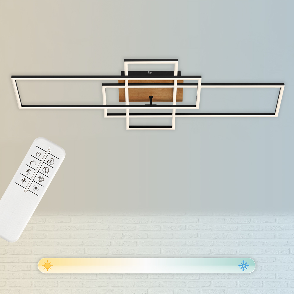 Frame LED ceiling light, dimmable, CCT, remote control, wood-metal colour