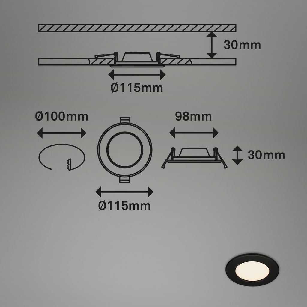 LED Einbauleuchte, Ø 11,5 cm, LED-Modul, 6W, 600 lm, schwarz