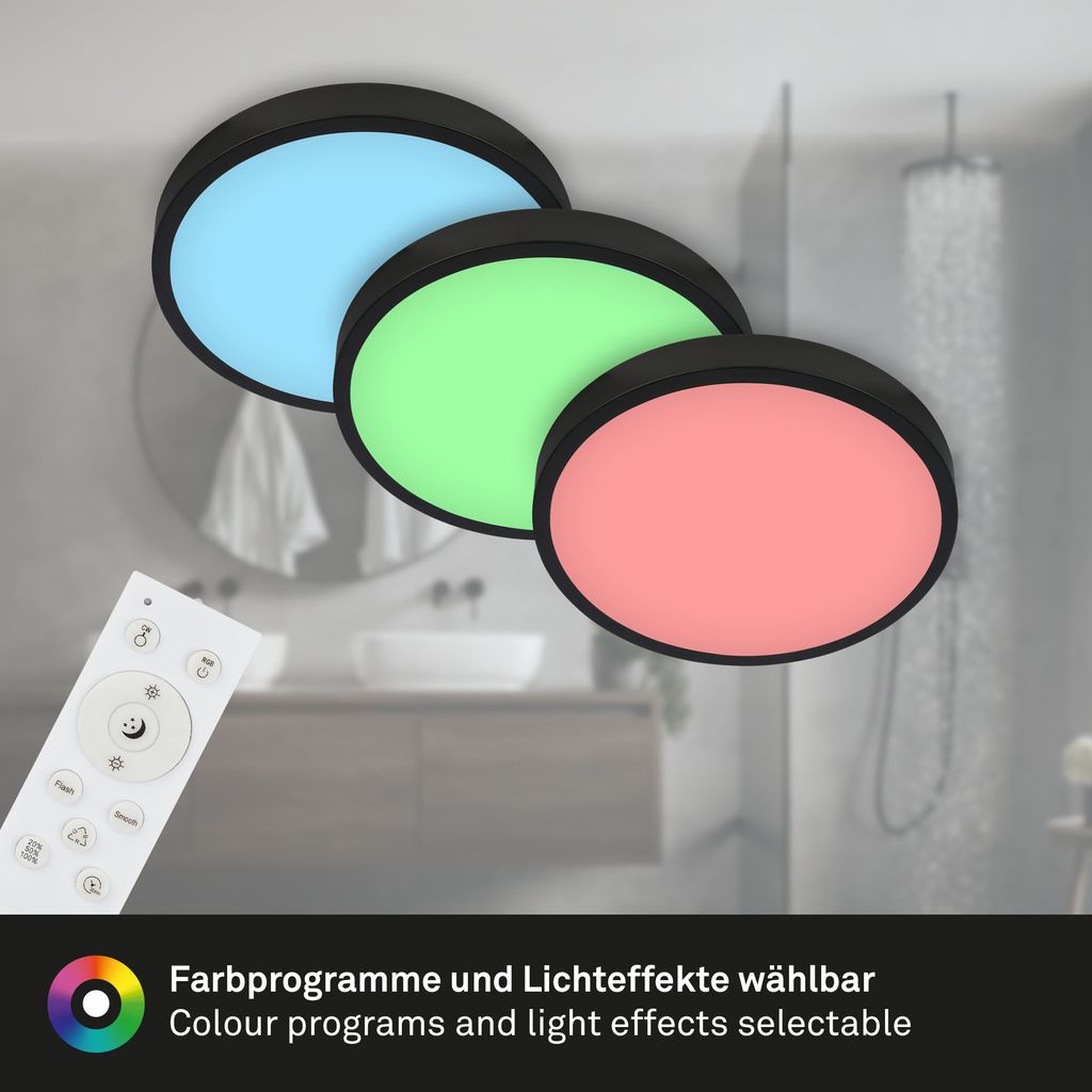 Briloner Leuchten ? LED Deckenlampe RGBW. LED Deckenleuchte Dimmbar. bunte Lichtfarben. Neutralweiß. Aufbaulampe. Fernbedienung. Schwarz. Ø380x50 mm 4