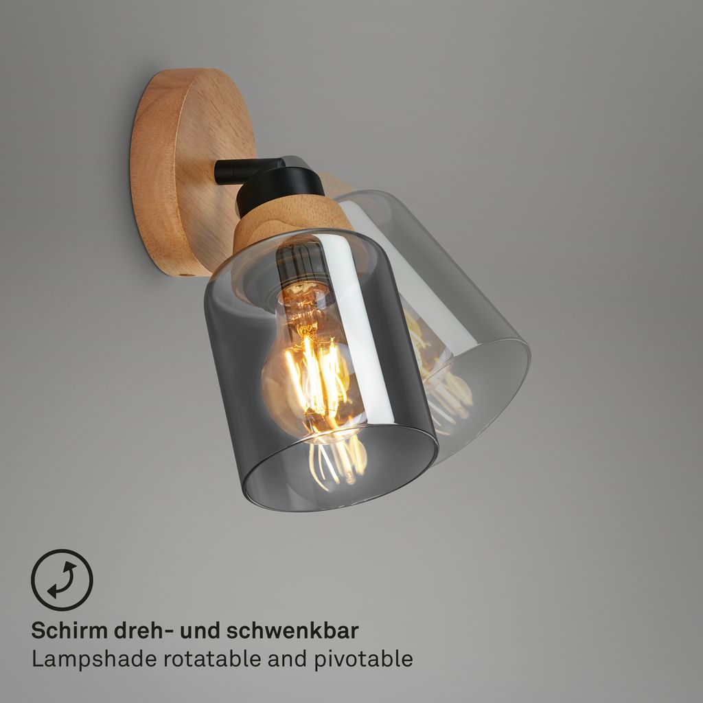 Wall Light E27, Adjustable Smoked Glass & Wood, Metal, Matt Black