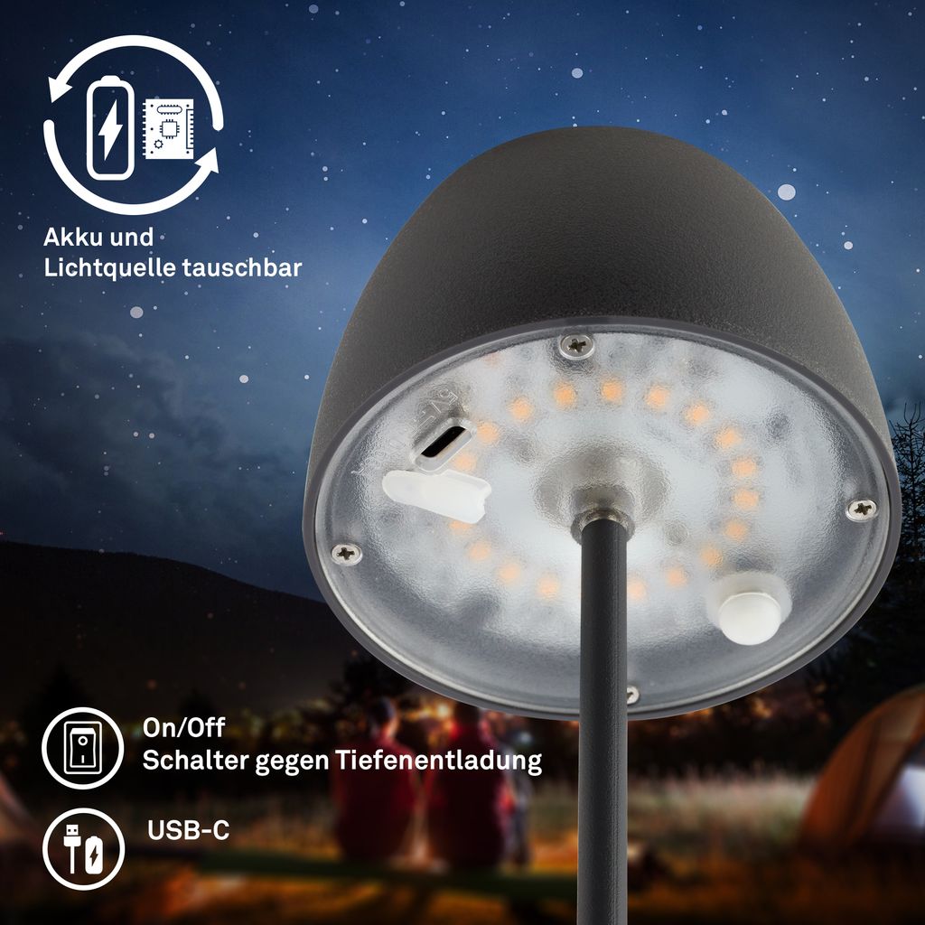 Briloner Serina Mini LED Tischlampe kabellos IP44, Dimmbar, Ladestation, Anthrazit