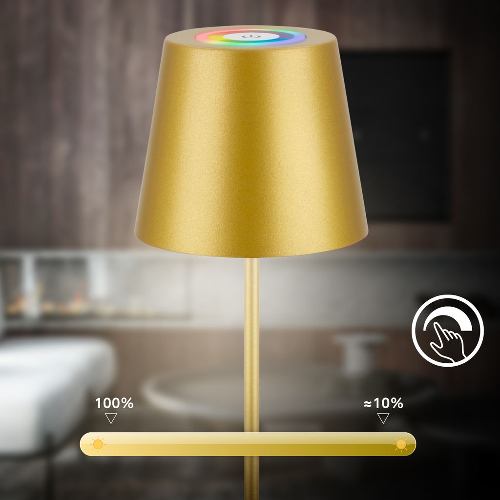 Briloner Calida 3 in 1 RGBW LED Tischlampe kabellos IP44, Dimmbar, Touch, Gold