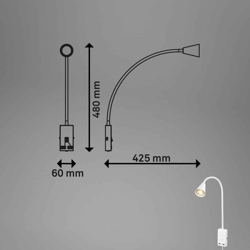 Briloner Justra leeslamp, draaibaar, 2 USB poorten, wit