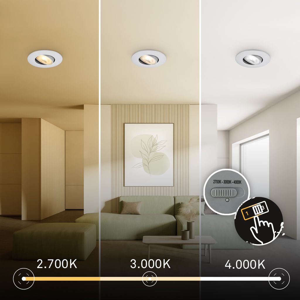 Dimara LED Einbaustrahler 68mm 3er Set - 230V, 4,9W, 460lm, CTS Schalter, Chrom-matt