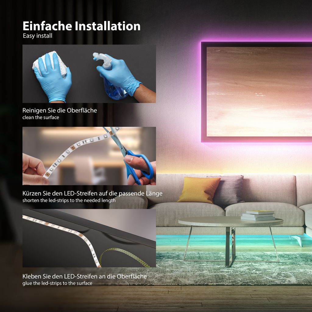 B.K.Licht I RGBIC LED Strip 10 m I Music Sensor I Music Sync I Lightbar I LED Chaser I Strips I Ribbon with Colour Change Remote Control I Lightband Self-Adhesive