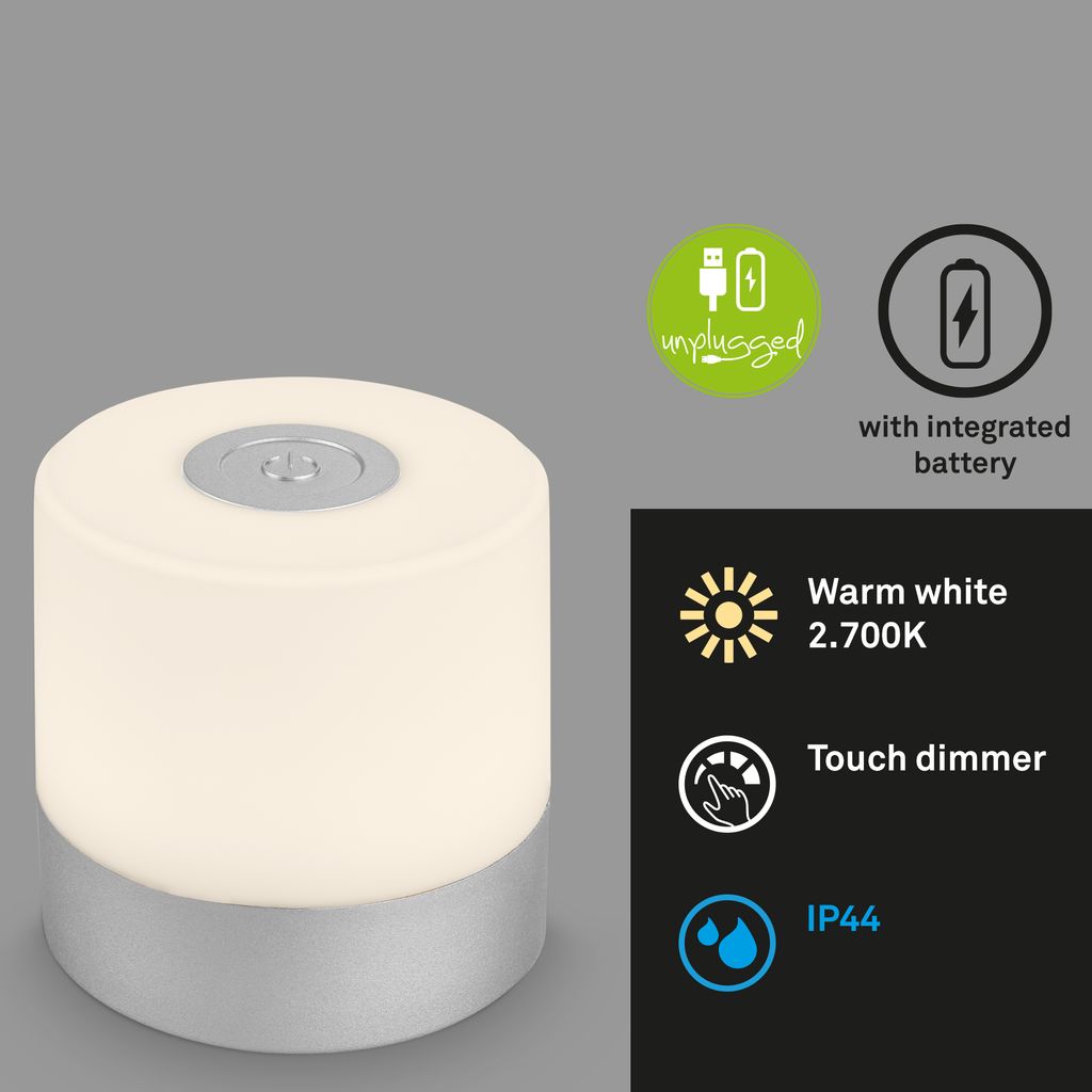 LED Akku-Tischleuchte, 7 cm, USB-C, 2W, 150lm, chrom-matt