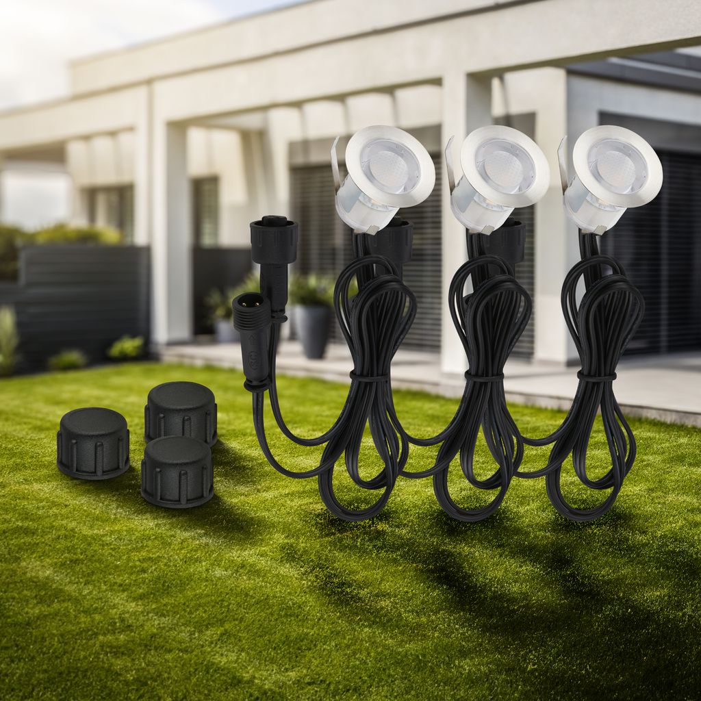 CONNECT TO SHINE Erweiterungsset Kebony mit 3er Set LED Bodeneinbaustrahler. IP67 12