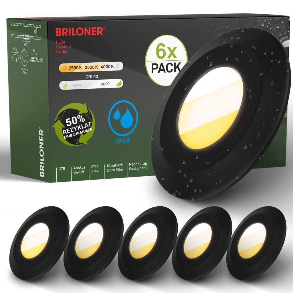 Briloner 6er Set LED Bad Einbaustrahler Ø90 mm ? IP44, CTS, flach, 5W, 520 lm, 230V, Schwarz