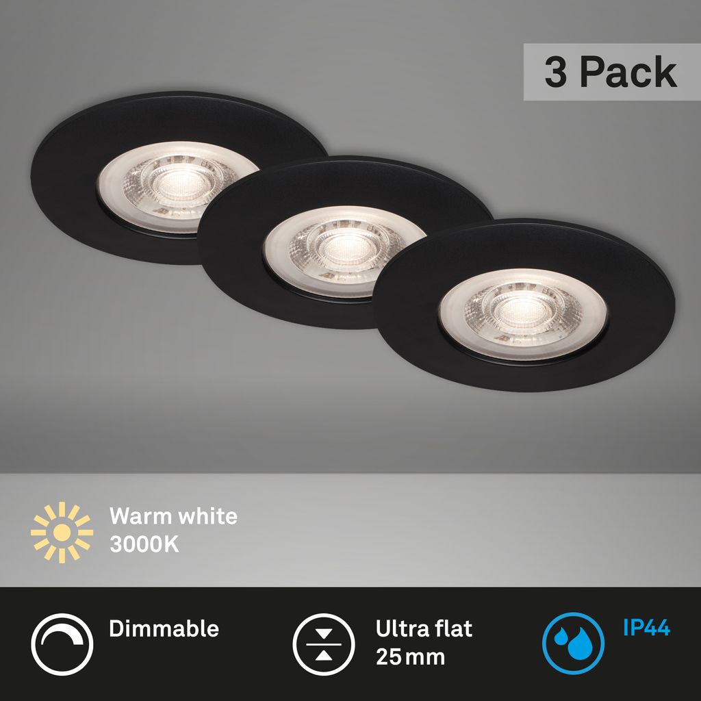 3er Set LED Einbauleuchte, Ø 9 cm, Dimmbar, 5 W, Schwarz