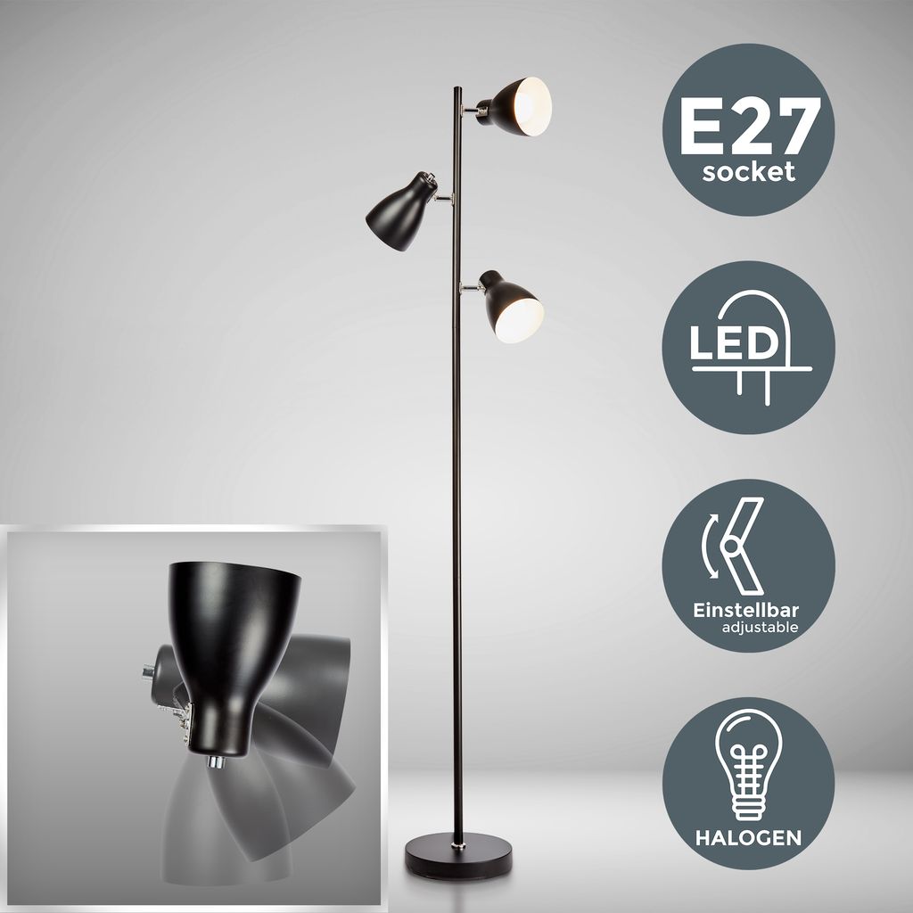 Stehlampe - Schalter, schwenkbar, E27 Fassung, max. 25W, 3-flammig, Schwarz