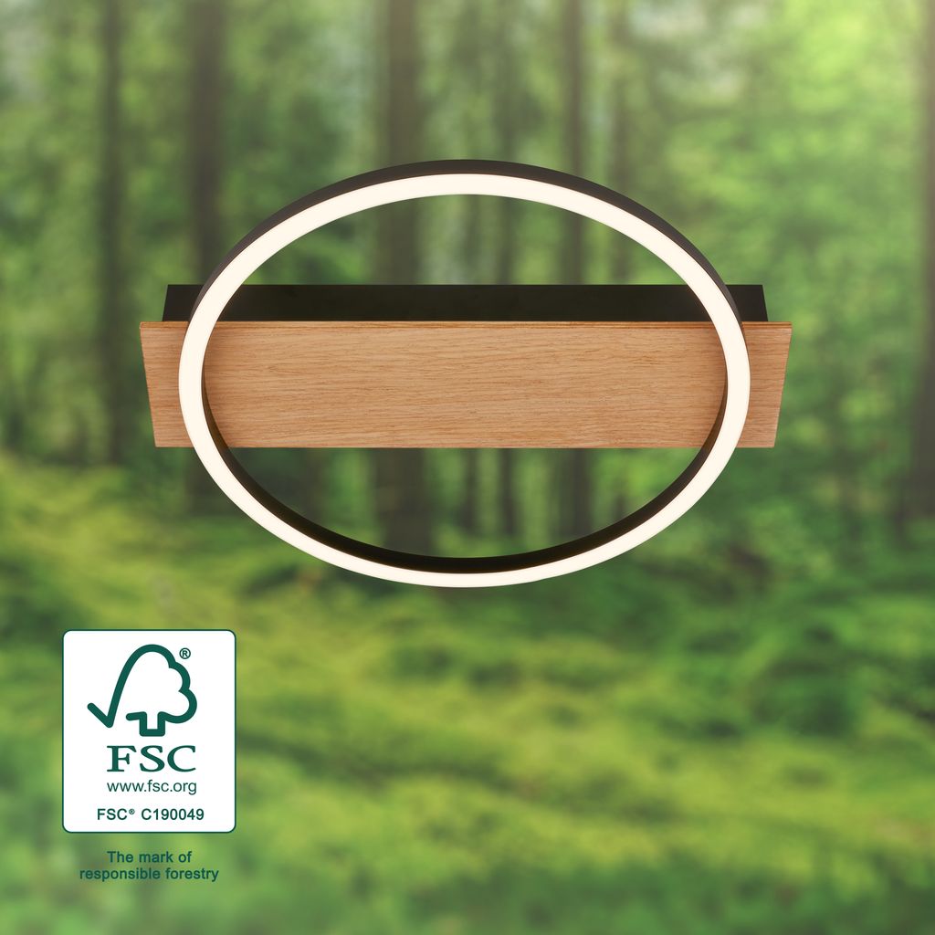 Kada LED Deckenlampe, Holzdekor, warmweißes Licht,Oval 34x30 cm, Schwarz-Holz